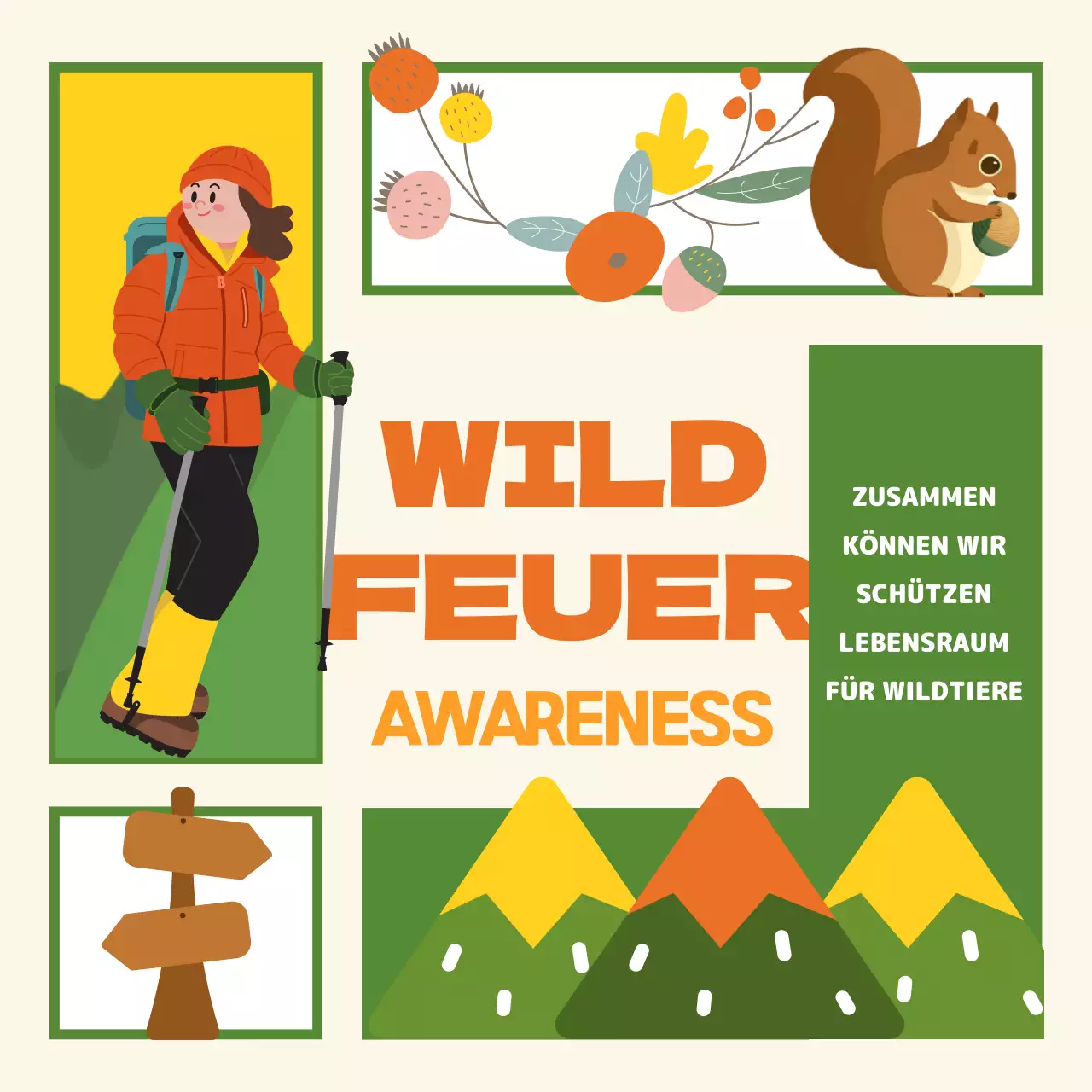 Eine hübsche grün-gelb illustrierte Kampagne zur Verhütung von Waldbränden