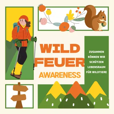 Eine hübsche grün-gelb illustrierte Kampagne zur Verhütung von Waldbränden