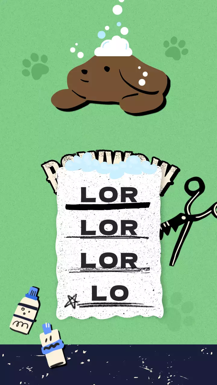 Eine Instagram-Story über einen braunen Hund, der ein Schaumbad vor einem grünen Hintergrund nimmt.