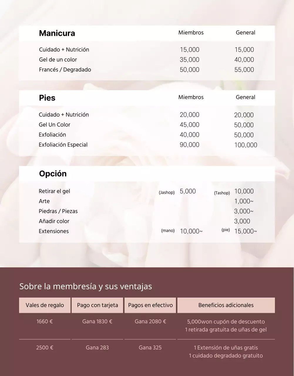 Un tema promocional de salón de manicura de concepto limpio con tonos rosas secos.