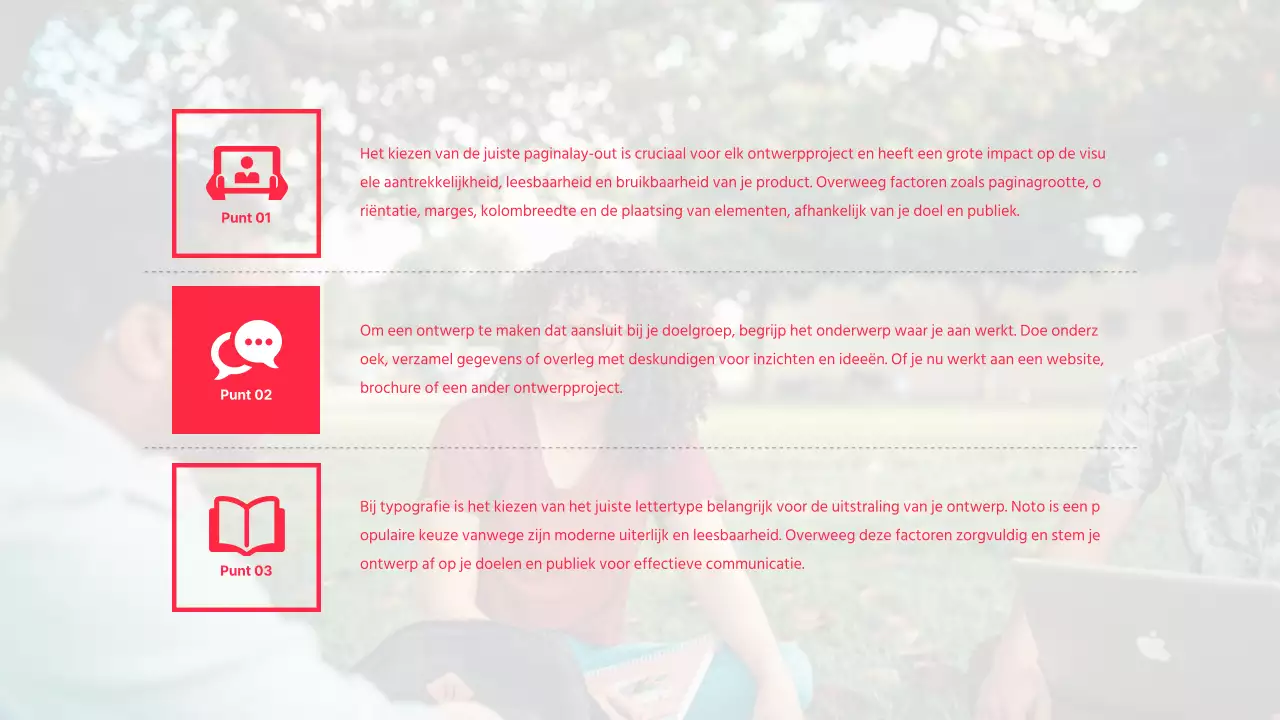 Discussiepresentatie van tekstmarkering en fotolay-out in rood