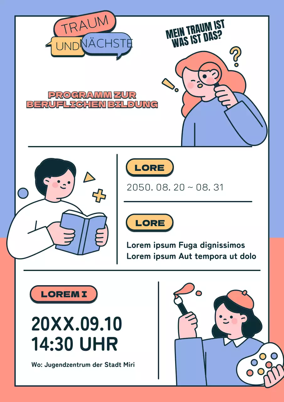 Niedliche Illustrationen in Hellblau und Hellrosa für Berufsbildungsprogramme