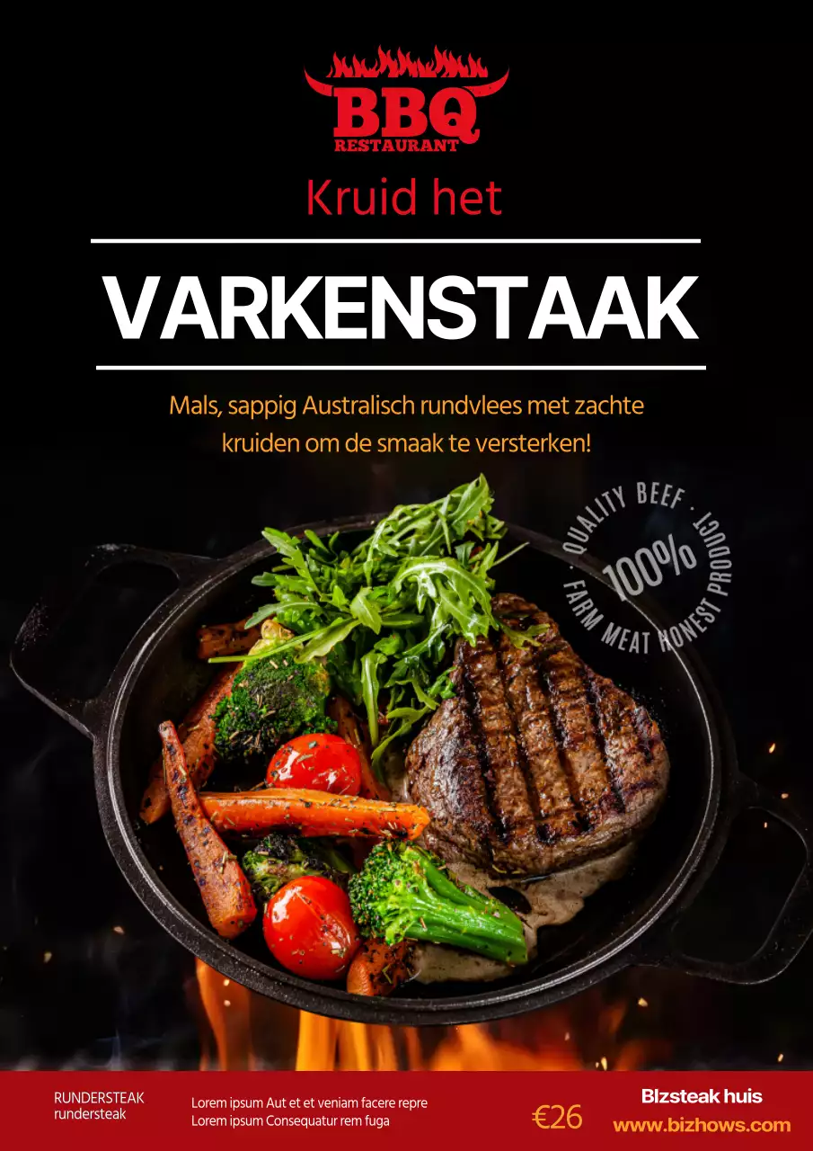 Zwarte vurige steak BBQ voor promotie restaurantmenu
