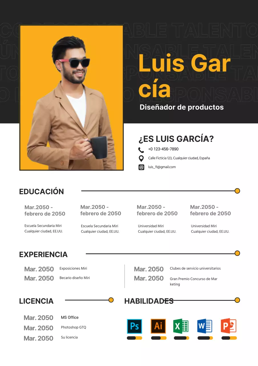Un currículum informal en negro y amarillo