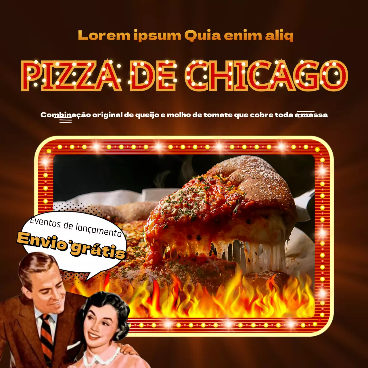 Anúncio de evento de pizza retro vermelha e castanha