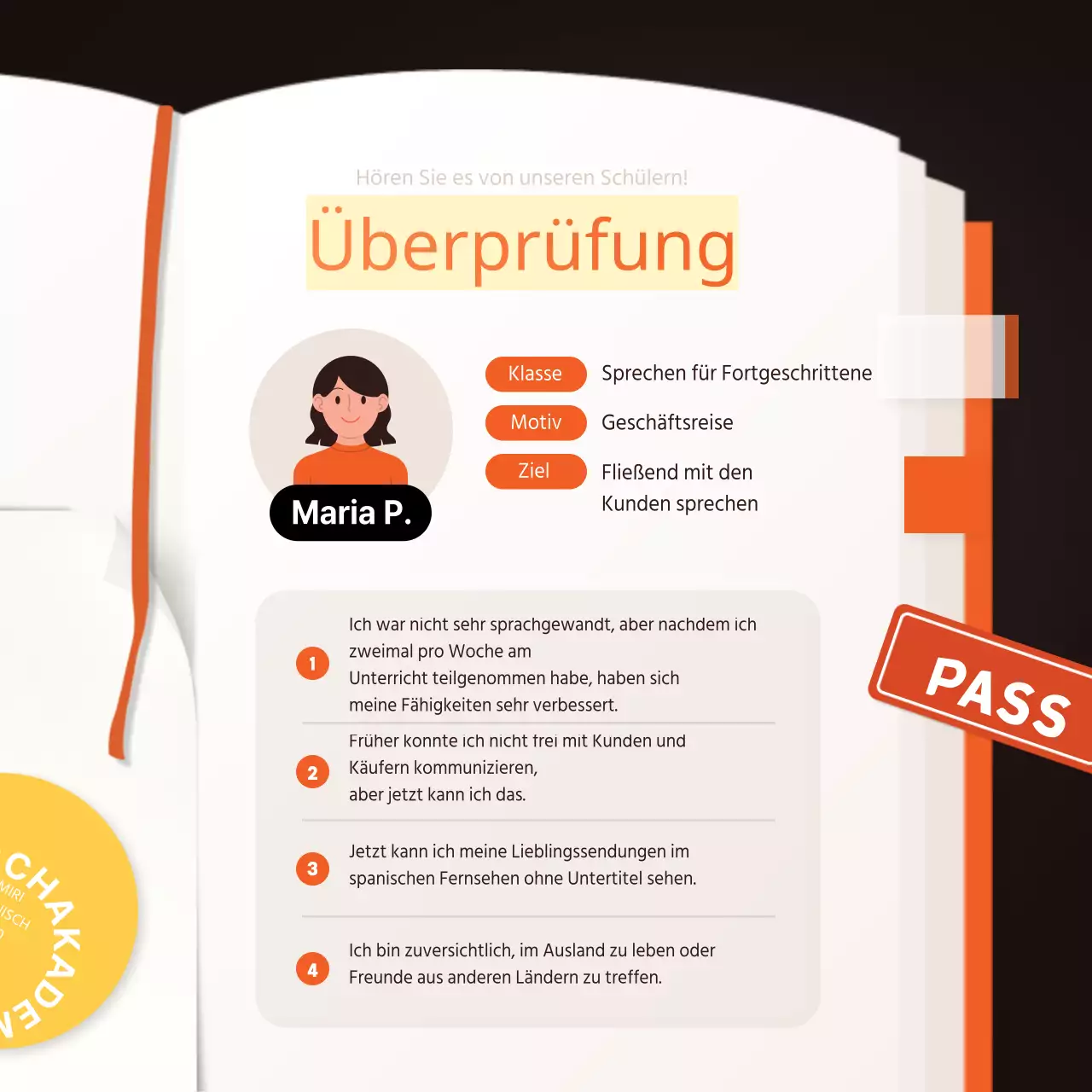 orange gelb braun buch illustration englisch akademie werbekarte news