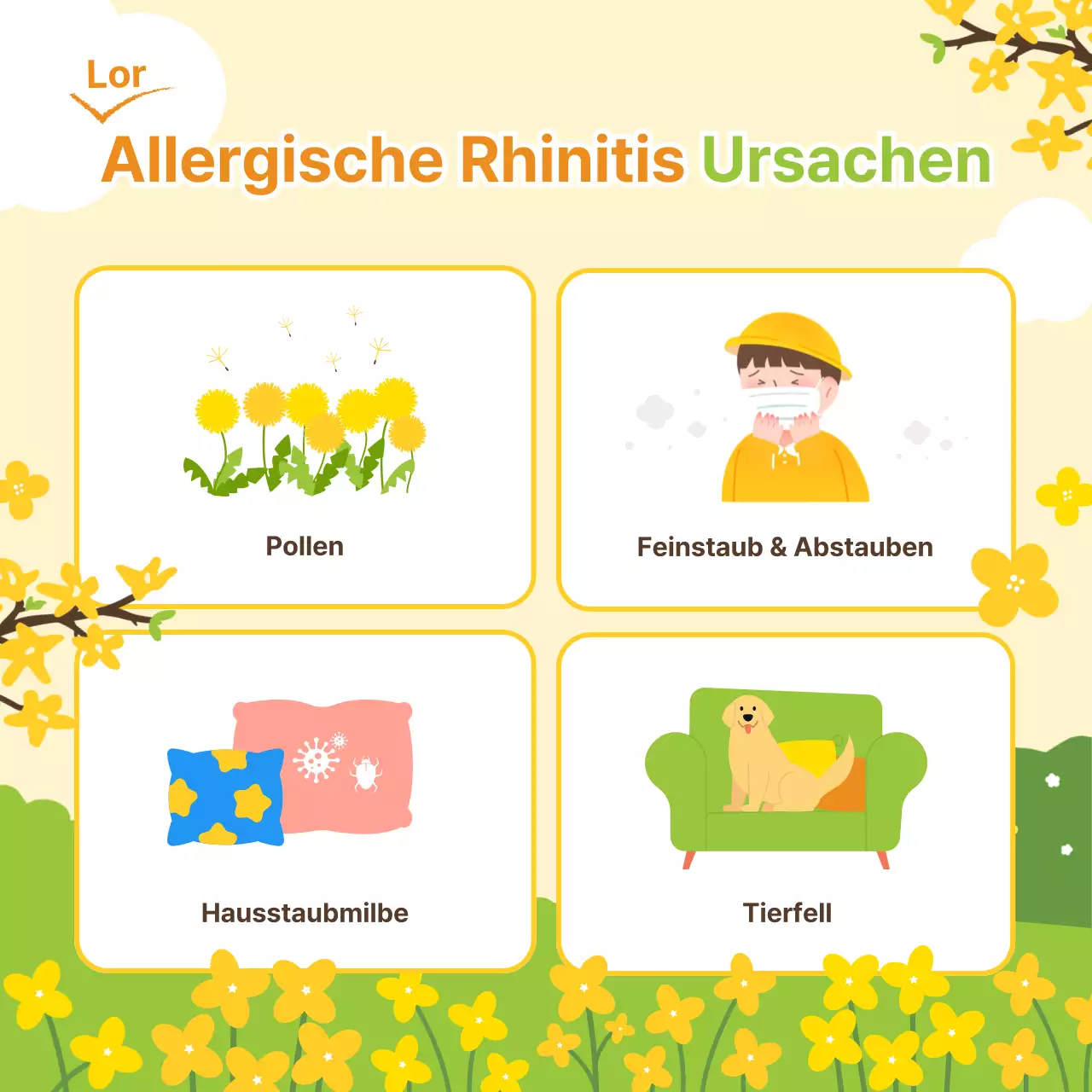 Eine warme, frische, frühlingshafte Illustration in gelben und blaugrünen Pastelltönen zur Vorbeugung von allergischem Schnupfen während der Frühlingssaison.