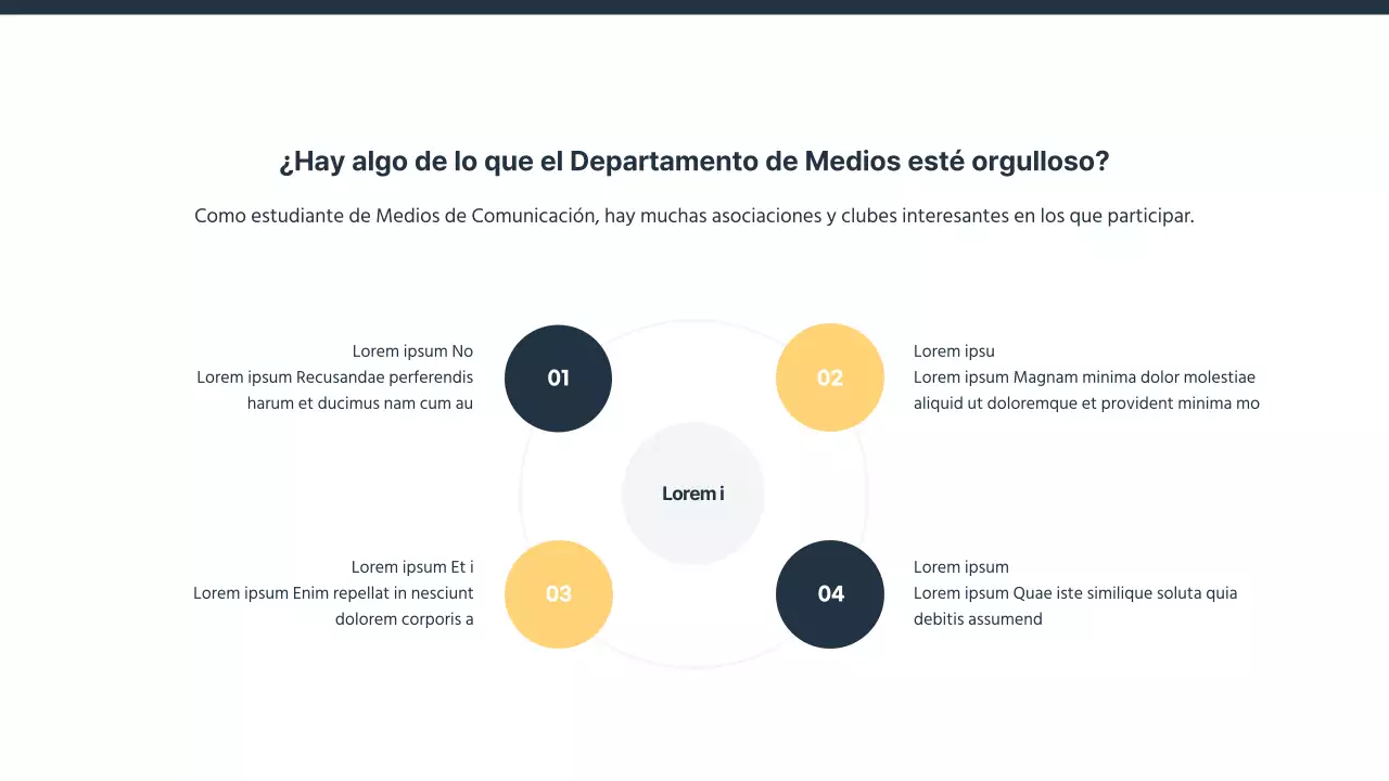 Una sencilla presentación del departamento universitario de relaciones públicas en azul marino y amarillo