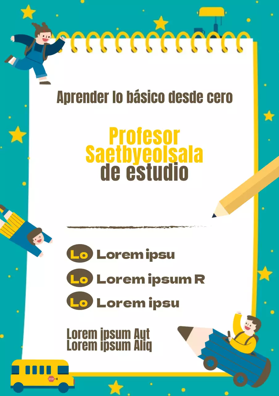Promociona una escuela de matemáticas con estrellas turquesas y amarillas y simpáticos personajes infantiles