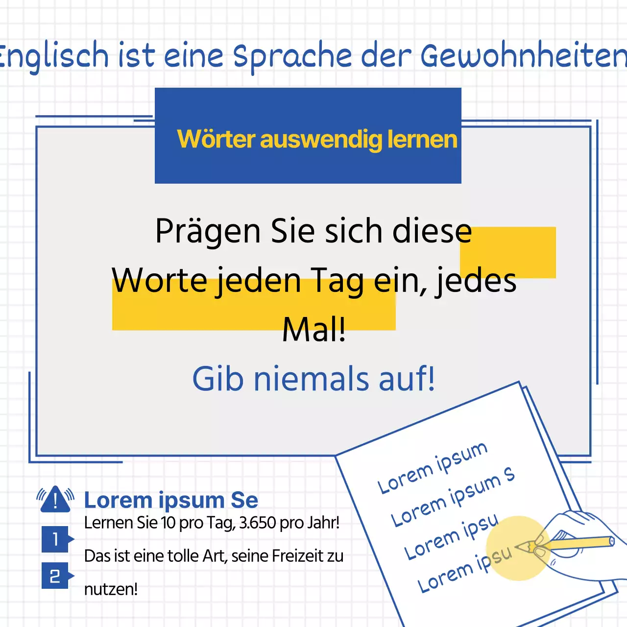 Einfache Linienillustration in Gelb und Blau zur Förderung von Englisch-Lerntipps