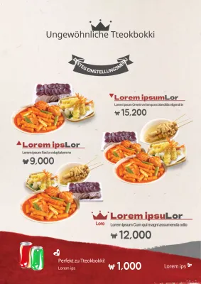 Werbung für ein dezentes Menü mit Fotos von roten und grauen Udon-Nudeln und Beilagen