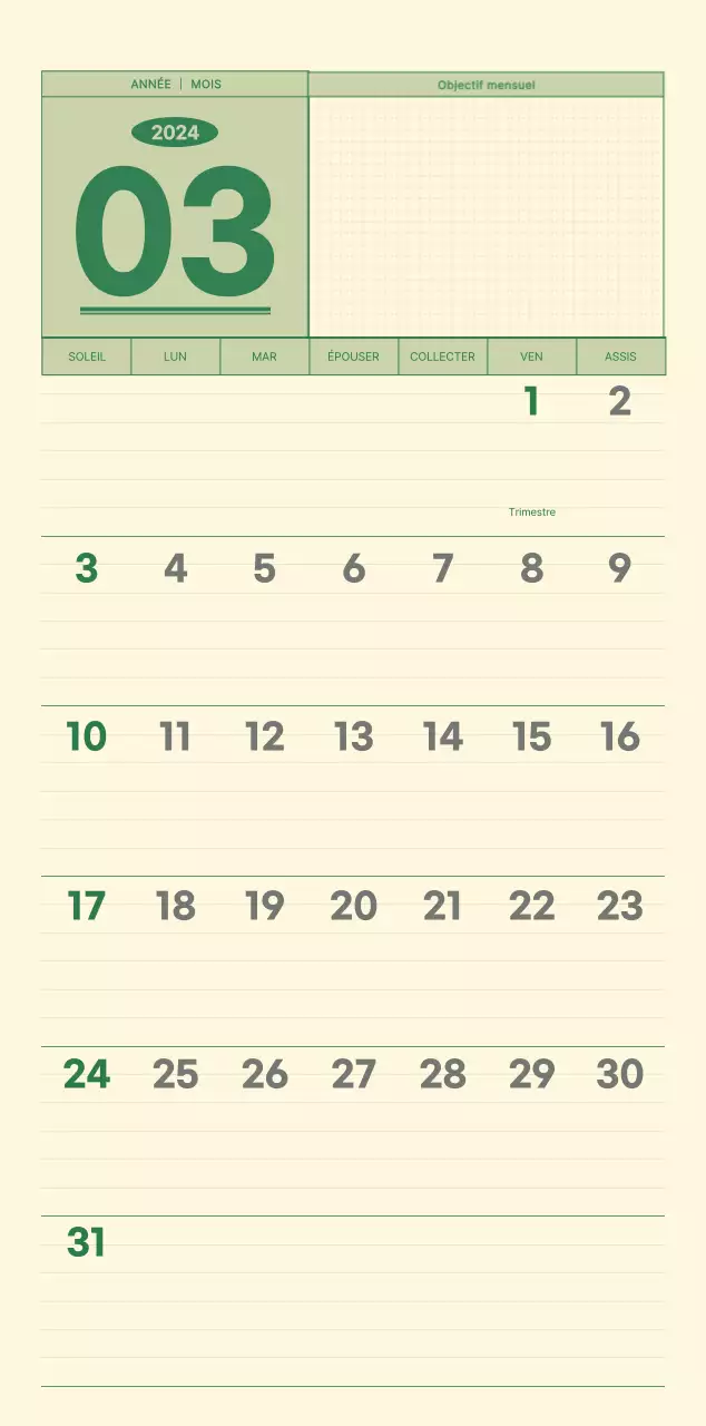 Calendrier mural SAT D-day notepad concept en vert et jaune clair