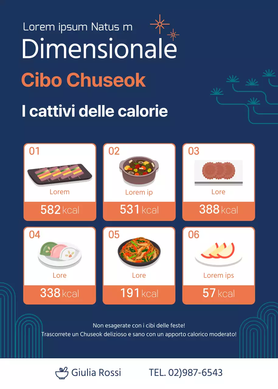 Guida alle calorie dei cibi delle feste ordinatamente illustrata in blu e arancione