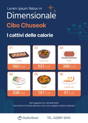 Guida alle calorie dei cibi delle feste ordinatamente illustrata in blu e arancione