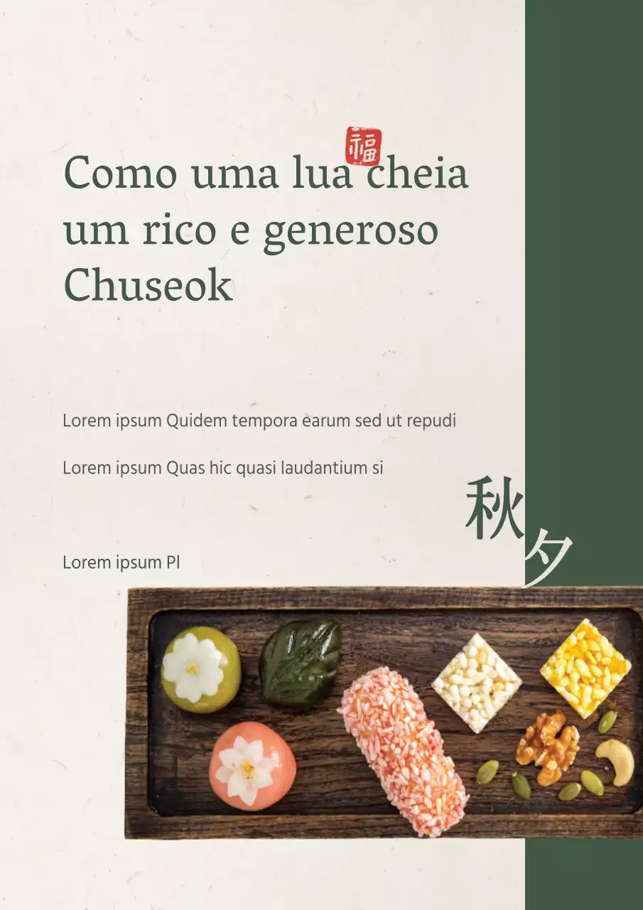 Folheto de promoção de um menu de petiscos tradicionais em bege e verde