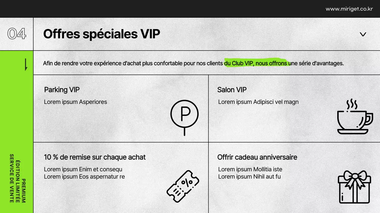 Présentation des avantages VIP d'un grand magasin en noir et blanc et vert lime