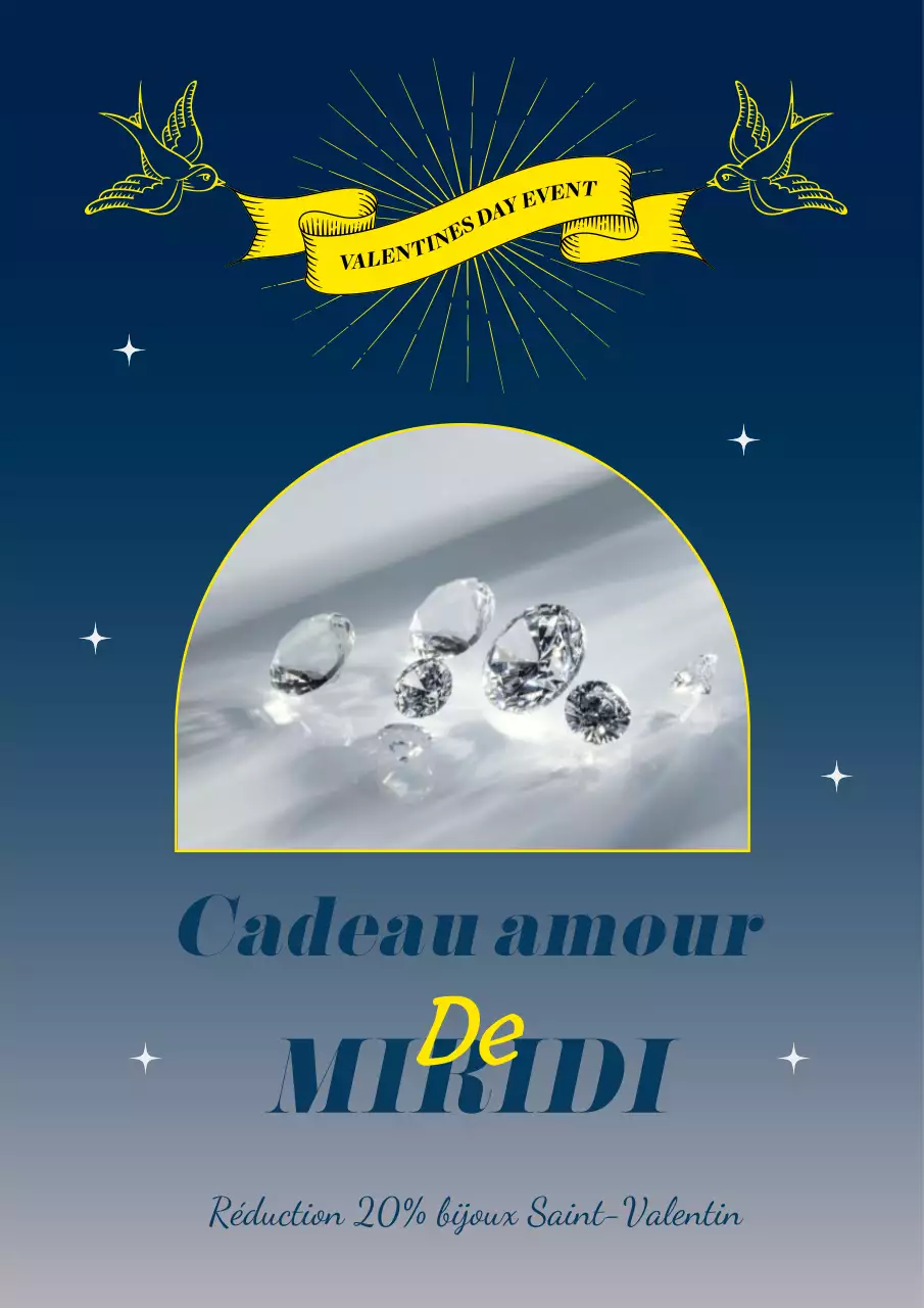 Affiche de bijoux avec un oiseau bleu marine et jaune tenant un ruban