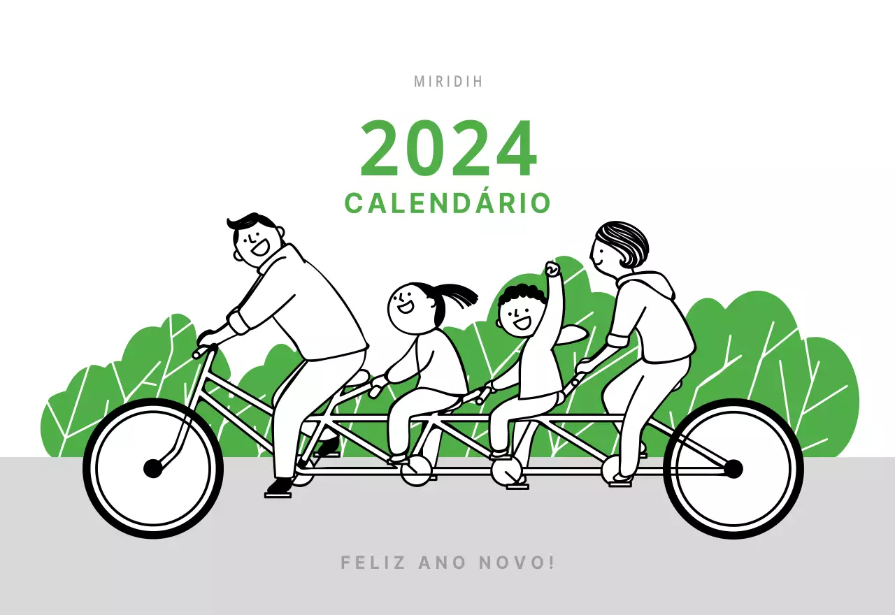 Calendário de secretária verde ilustrado com tema de família