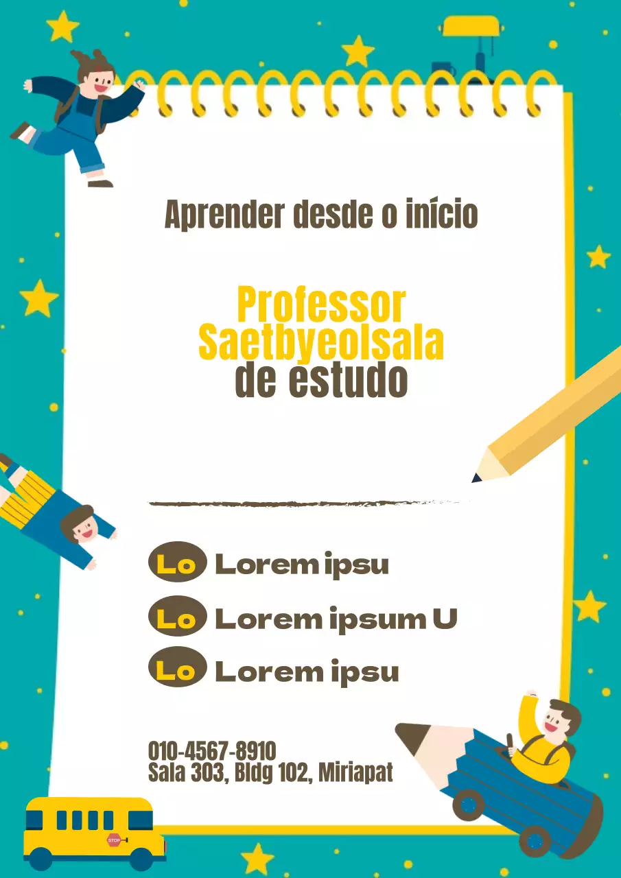 Promover uma escola de matemática com estrelas turquesa e amarelas e personagens infantis engraçadas