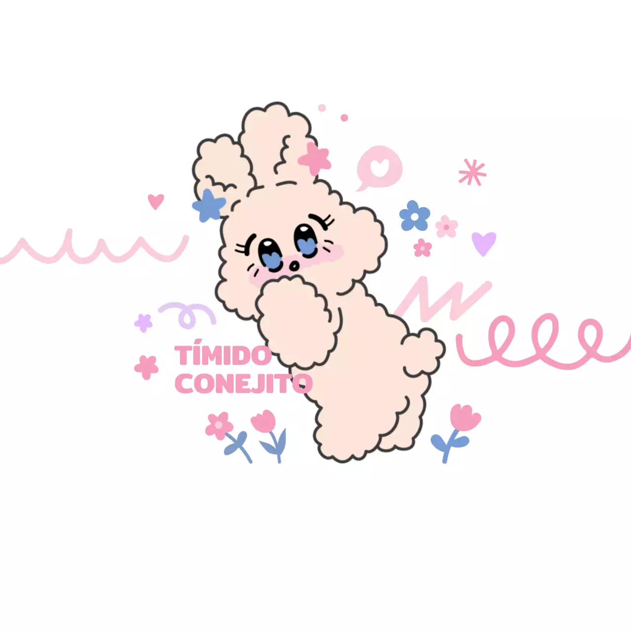 Mercancía personalizada con diversas formas e ilustraciones florales en colores rosa y pastel y un simpático personaje de conejito.