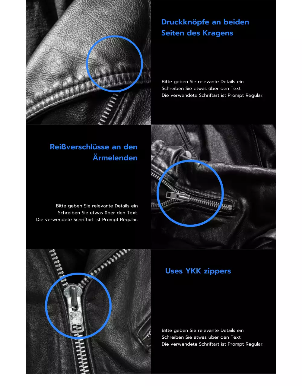 Lederjacken-Shop mit schwarzem und blauem Bild-Layout