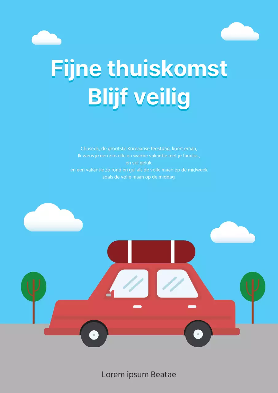 Verkeersveiligheidscampagne met blauwe, heldere lucht en illustraties van auto's