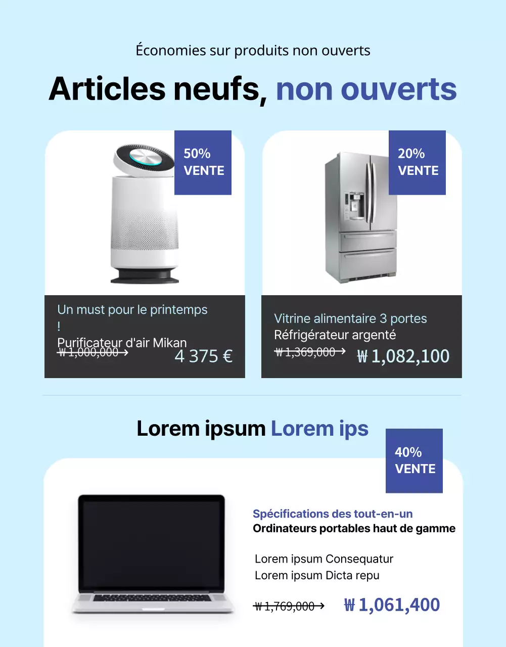 Vente de rénovation d'appareils électroménagers gris et bleus page de détail