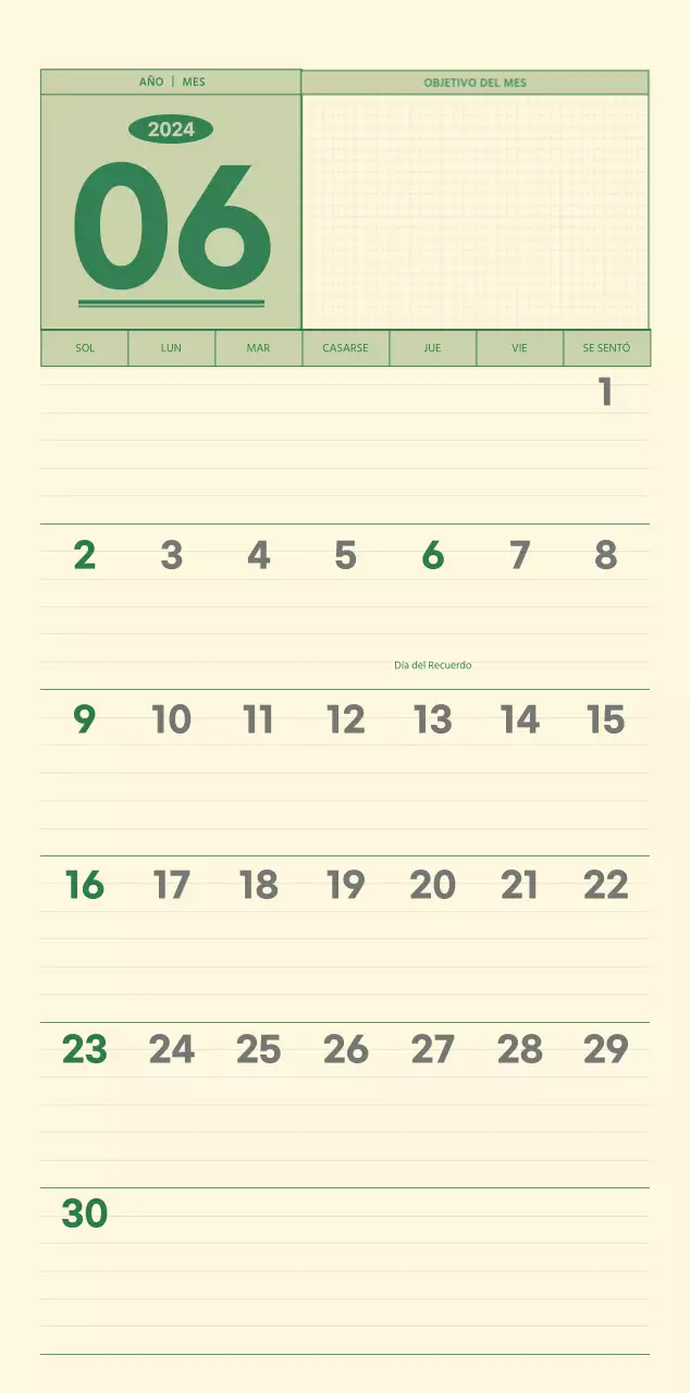 SAT Calendario de pared con concepto de bloc de notas del día D en verde y amarillo claro