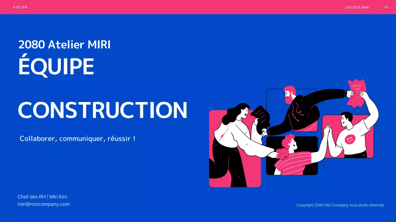 Atelier de team building illustré en bleu et rose