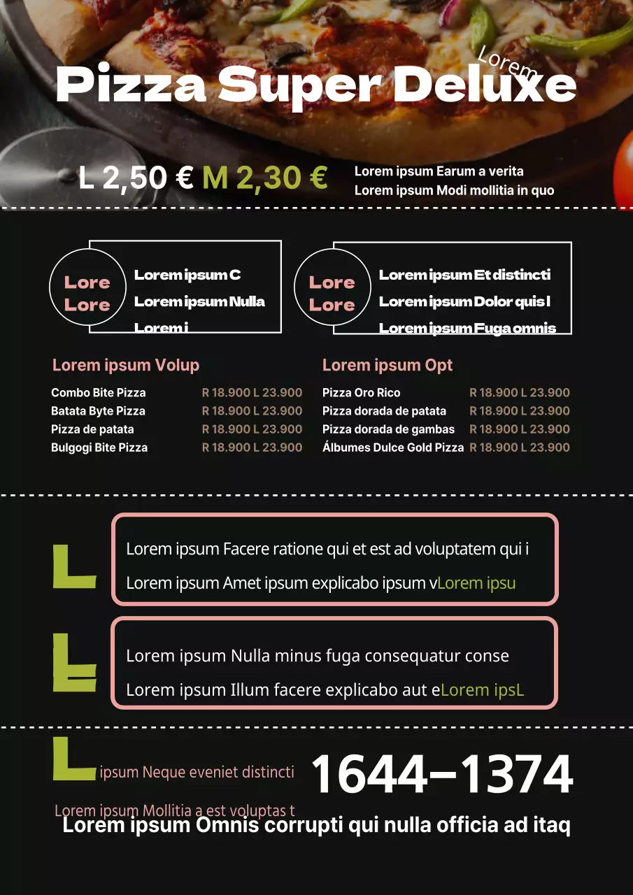 Mesa de menú con un cuadro negro de pizza