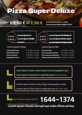 Mesa de menú con un cuadro negro de pizza