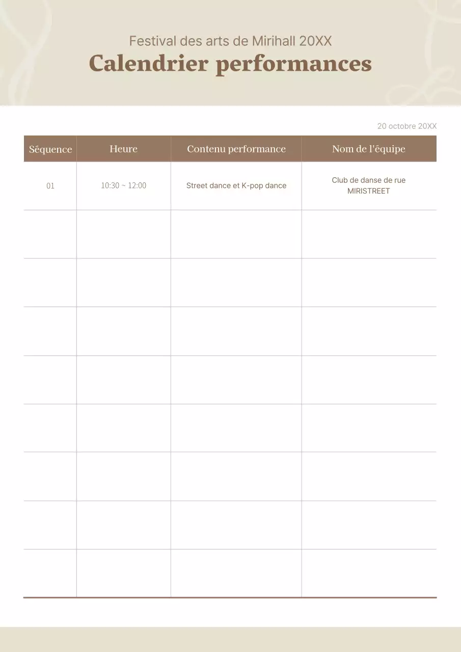 Calendrier des représentations de Brown and Beige