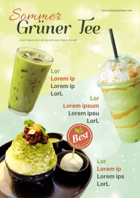 Werbung für ein neues Grünteegetränk mit einem glamourösen Konzept mit grünem Glitzereffekt