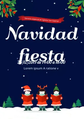 Cartel de servicio de Navidad para iglesia con ilustración de niños cantando Starry Sky en azul marino