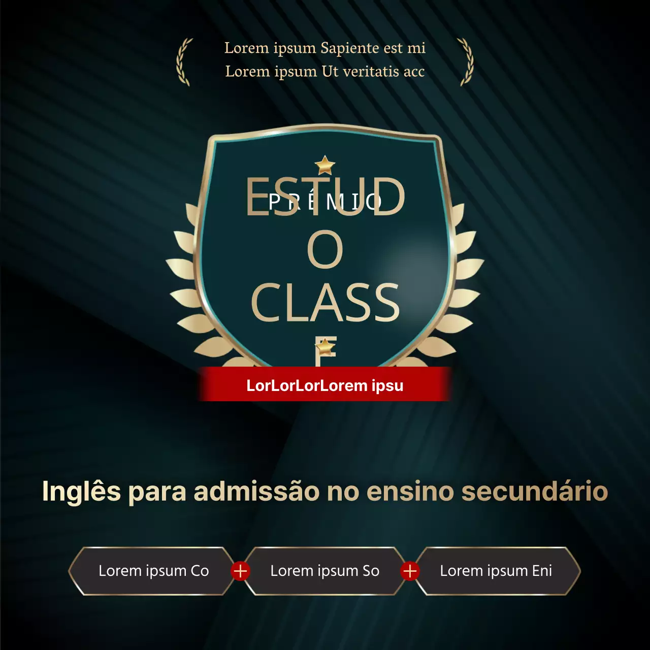 Turquesa escuro e dourado com um conceito de rótulo luxuoso para um exame de admissão de uma escola de inglês