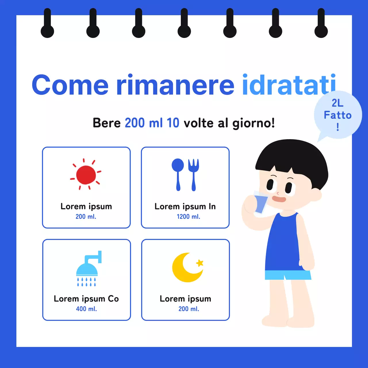 Informazioni sulla disidratazione cronica in un formato simile a un taccuino con illustrazioni simpatiche e semplici in blu e azzurro.