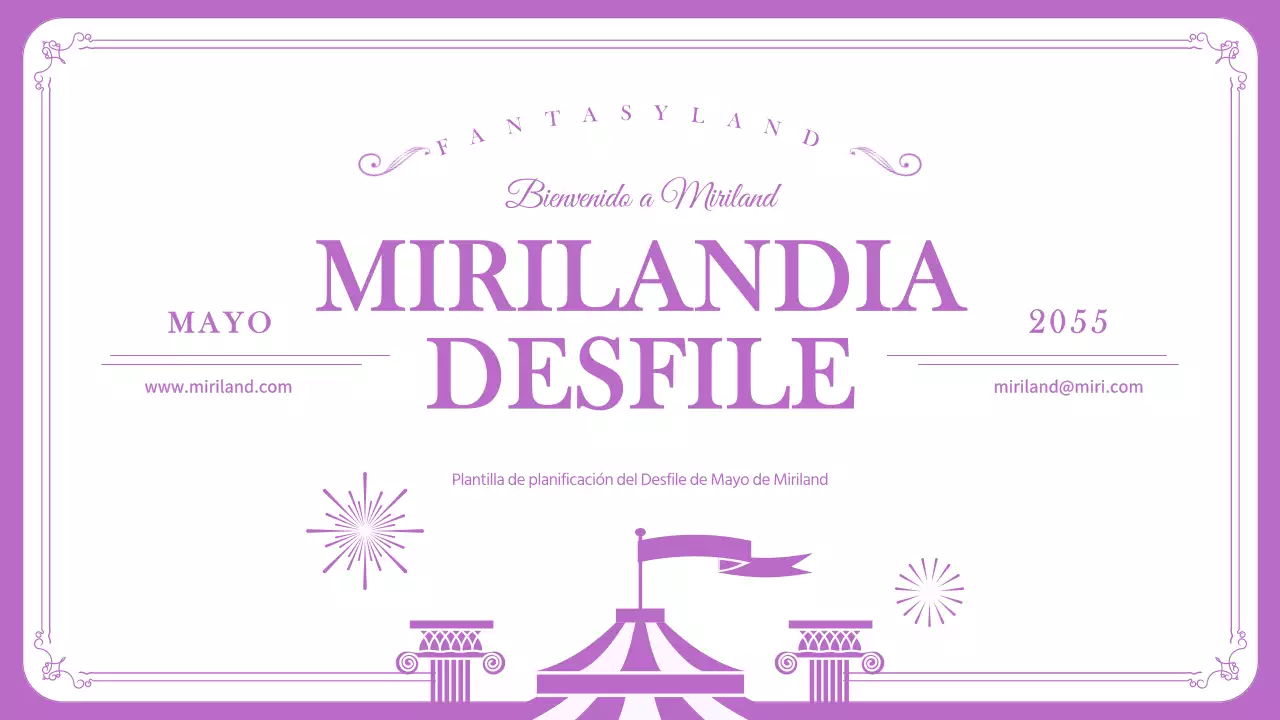 Plano de desfile de un parque de atracciones de color púrpura y marcos limpios