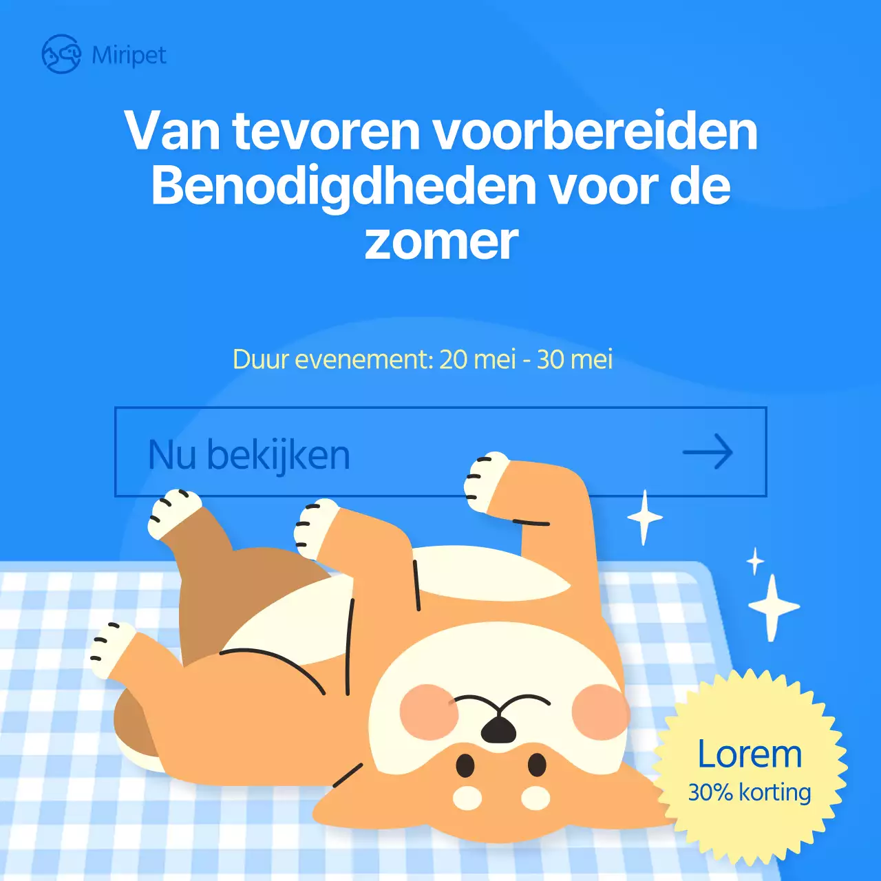 blauwe illustratie petfair hondje zomer benodigdheden social media vierkant