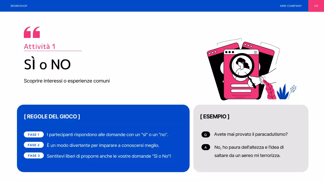 Laboratorio di team building illustrato in blu e rosa