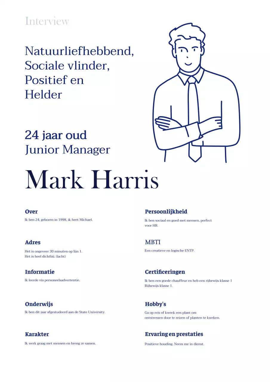 Een eenvoudig, geïllustreerd cv met een blauwe opmaak in interviewstijl