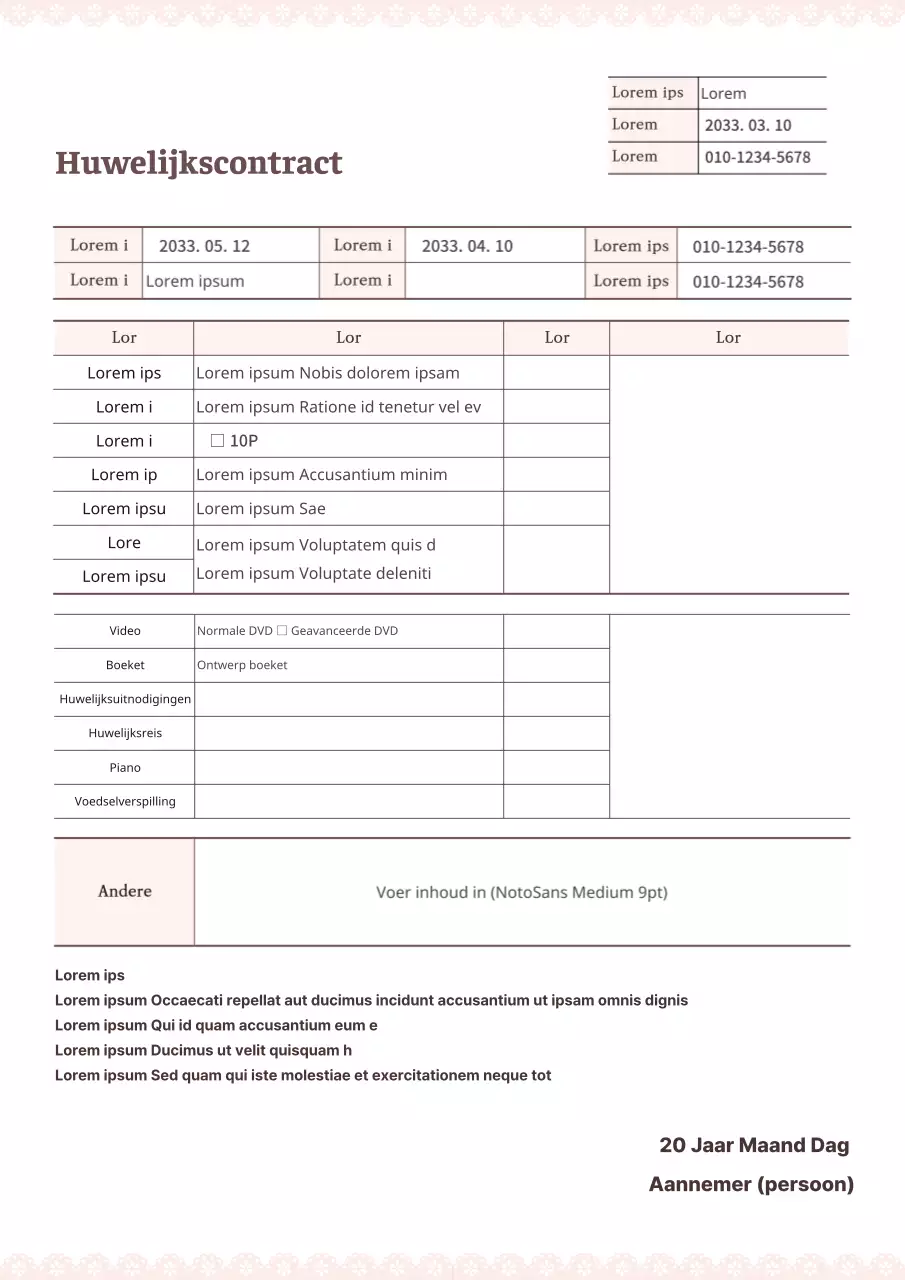 Een eenvoudig en leesbaar sjabloon voor een huwelijkscontract in pastelkleuren