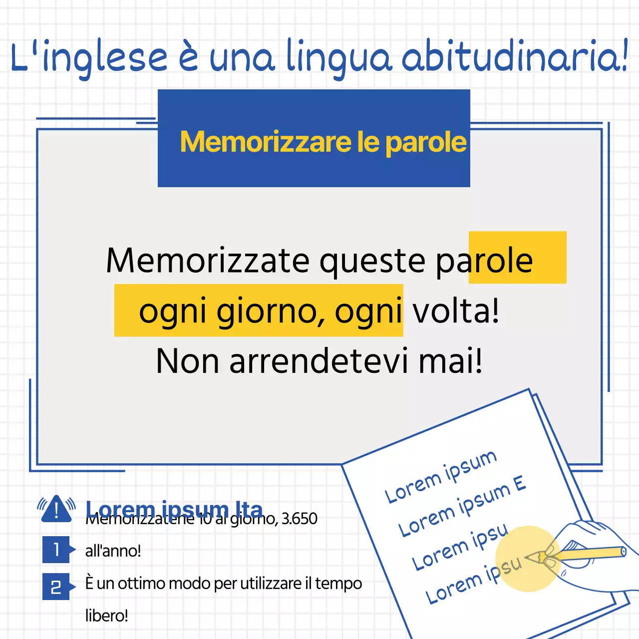 Semplice illustrazione a linee in giallo e blu per promuovere i consigli per l'apprendimento dell'inglese