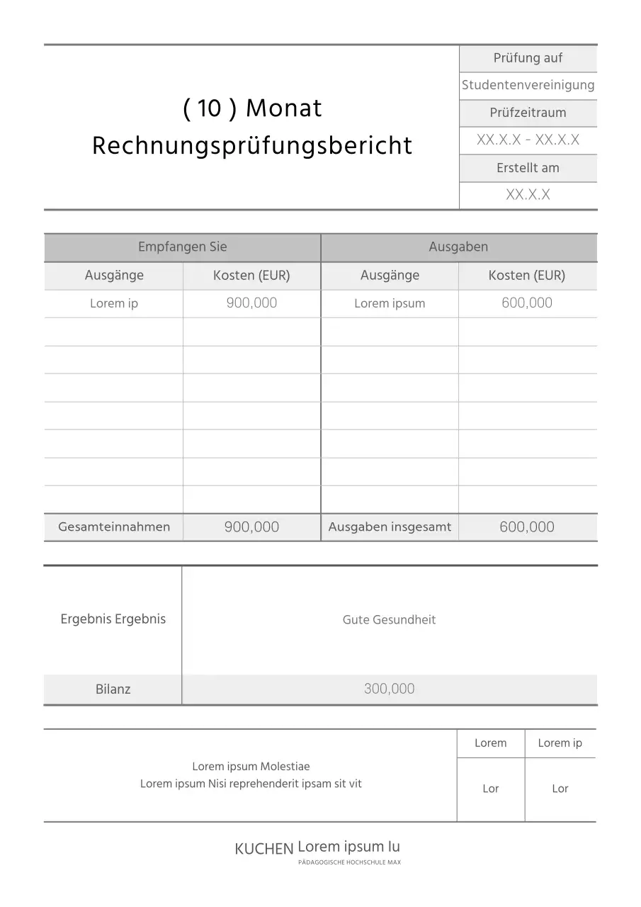 Schwarz-weißer Inspektionsbericht für die Buchhaltung eines Schulclubs mit klaren Linien