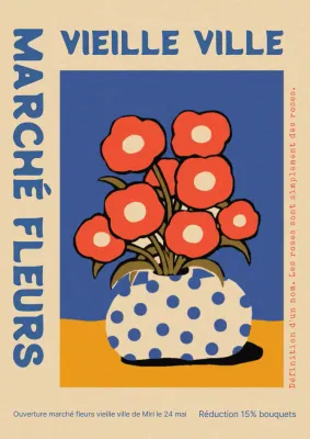 Promotion d'un marché aux fleurs coloré rouge et bleu