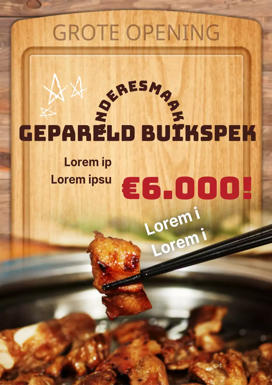 Promoot het menu van een vintage concept steakhouse met bruine snijplanken en foto's van steaks