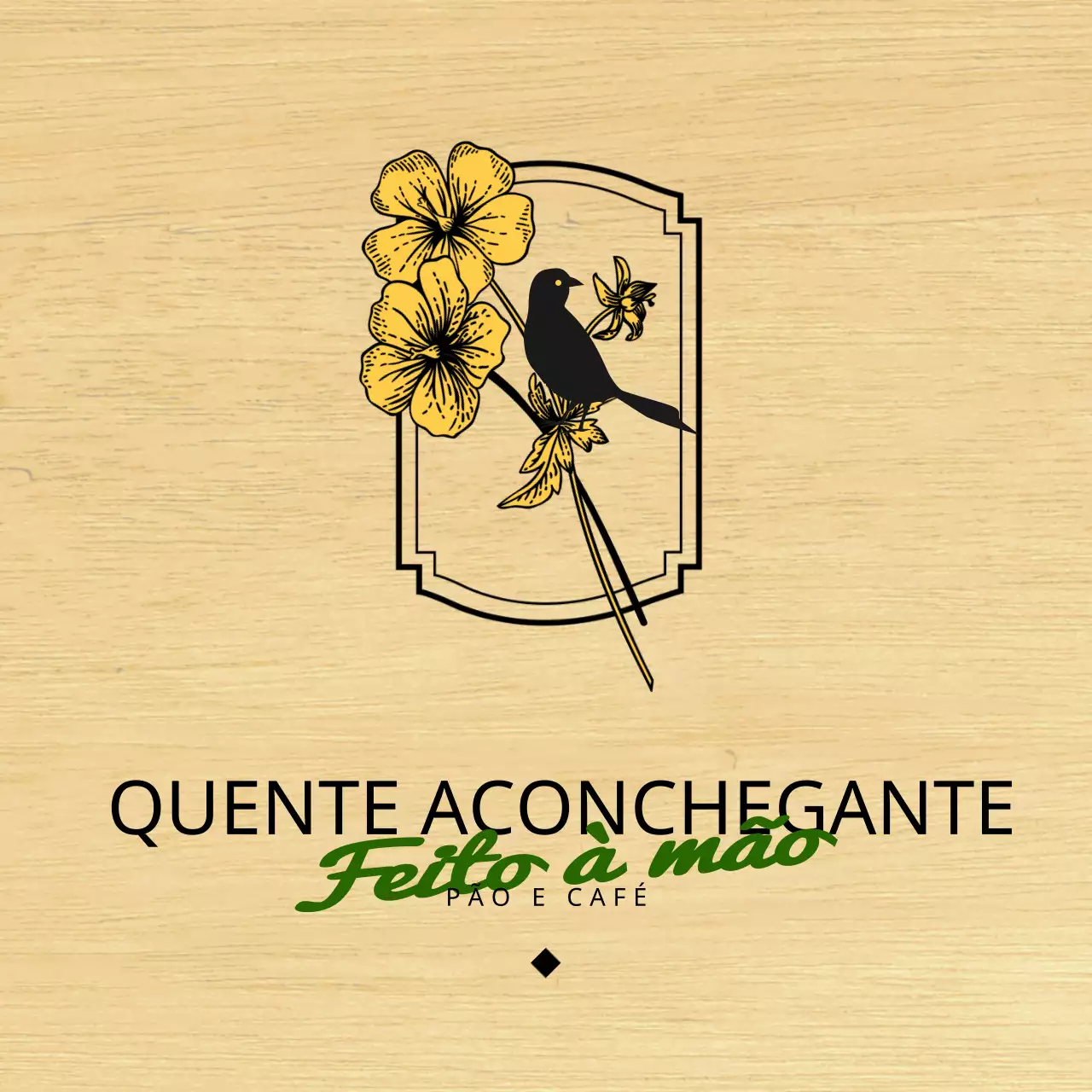 Design emocional de um café com padaria com ilustrações de flores e pássaros a preto e amarelo
