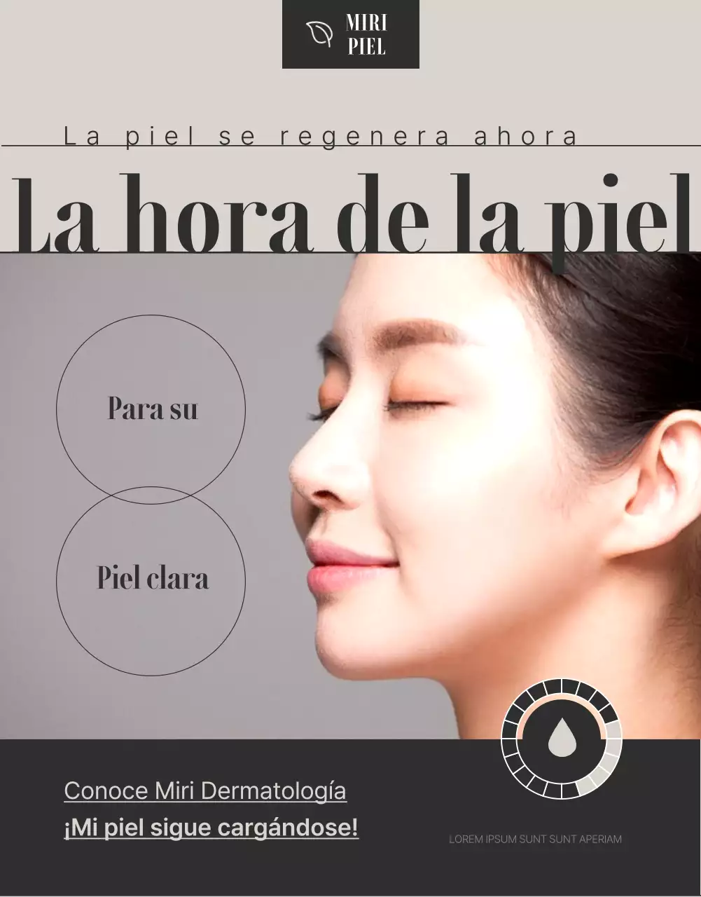 Anuncio de promoción de procedimientos cosméticos dermatológicos en marrón y negro.