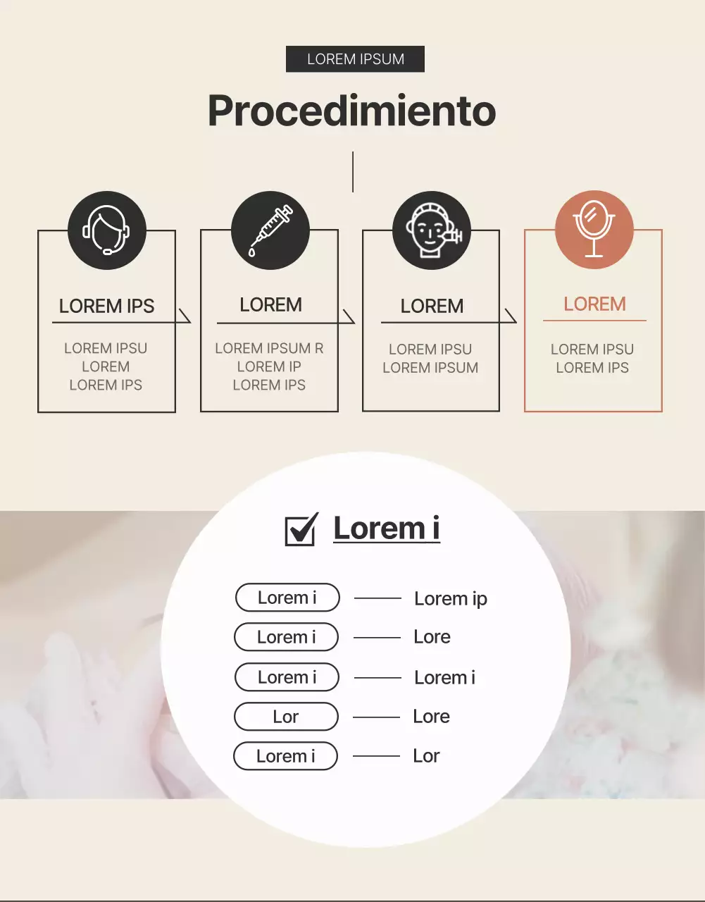 Anuncio de promoción de procedimientos cosméticos dermatológicos en marrón y negro.