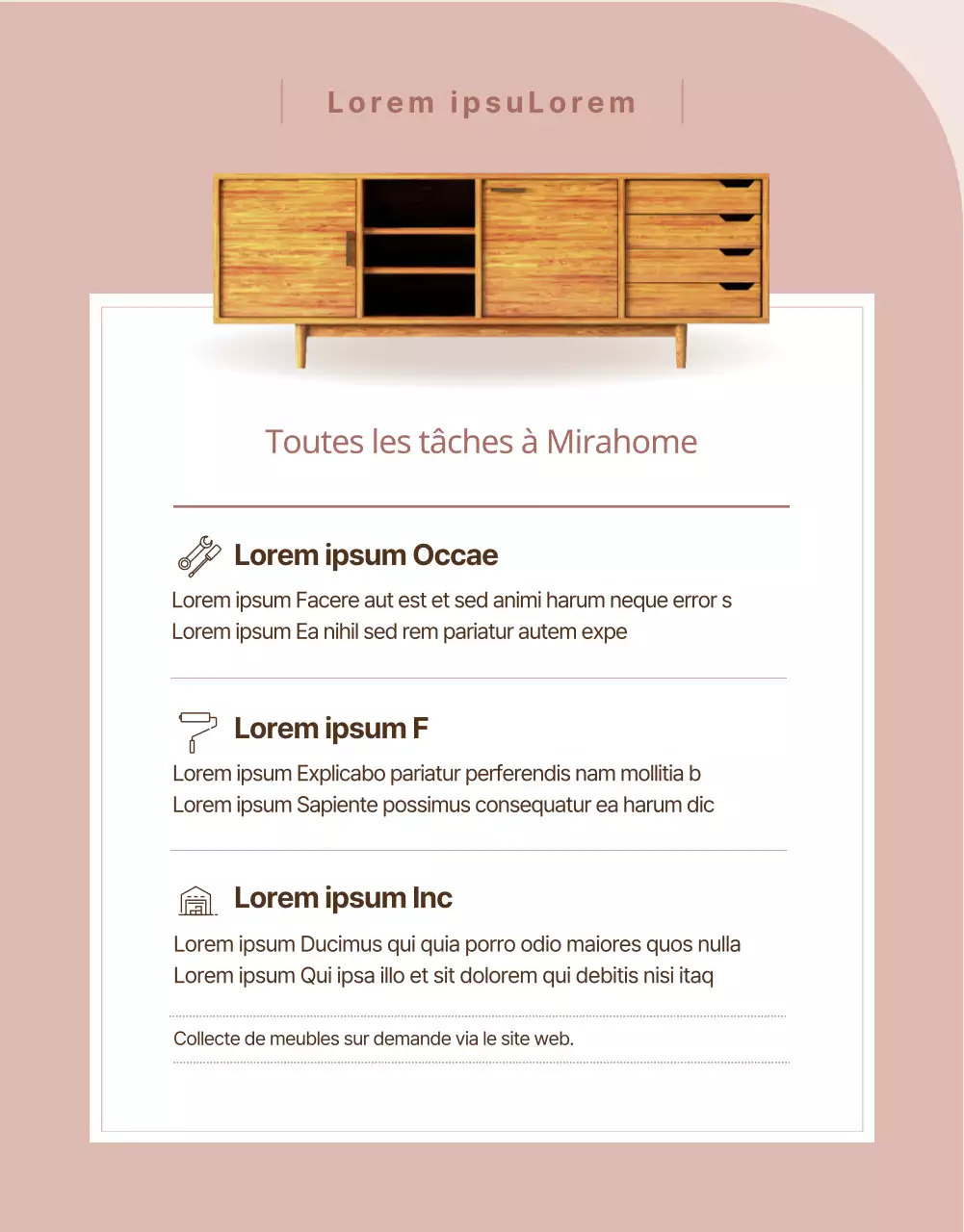 Promouvoir une réparation de meubles luxueux et chaleureux en rose pastel (page de détail)