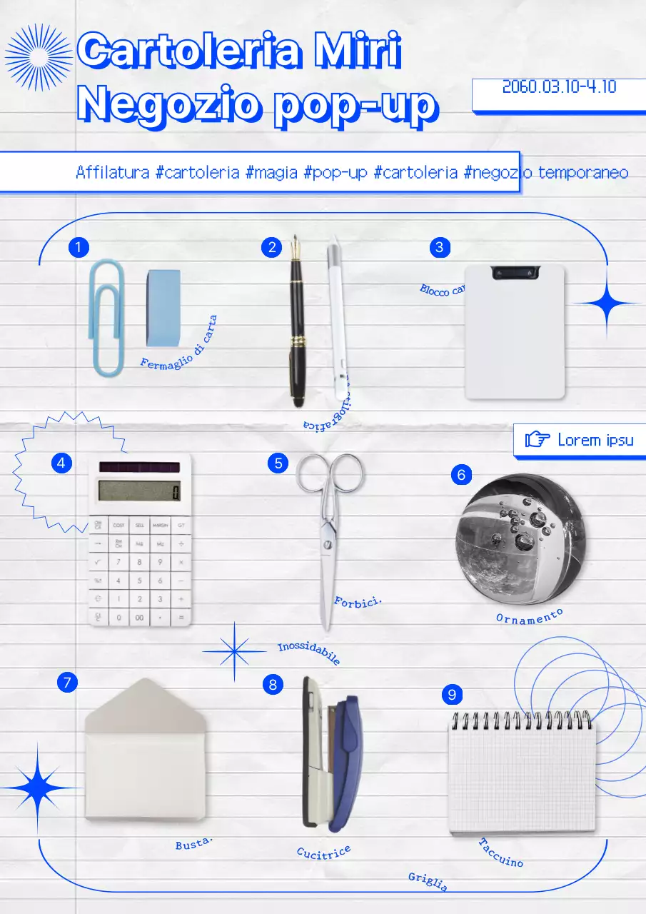 Materiale promozionale per negozio pop-up di cartoleria di tendenza bianca e blu